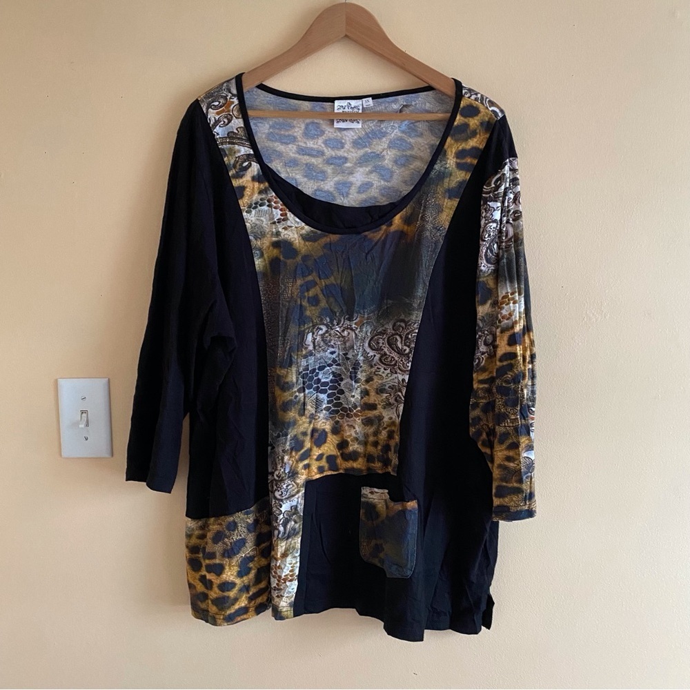 Parsley & Sage 3X Leopard Paisley Patchwork Tunic Top Stretch Boho Artsy Office - Picture 15 of 15